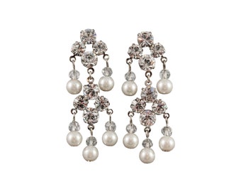 JANELLE EARRINGS- SILVER, Bridal Crystal & Pearl Cluster Art Deco Vintage Chandelier Dangle Earrings Wedding Jewelry