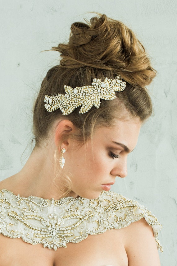 Gold Bridal Hair Comb Crystal Wedding Hair Piece White Opal  display picture 2