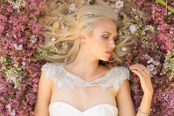 Camilla Christine MYRA SALE Bridal Cover-up Beaded Wedding Shoulder Necklace Cape Scallop Ornate Embellished Silver Crystal Capelet Jacket