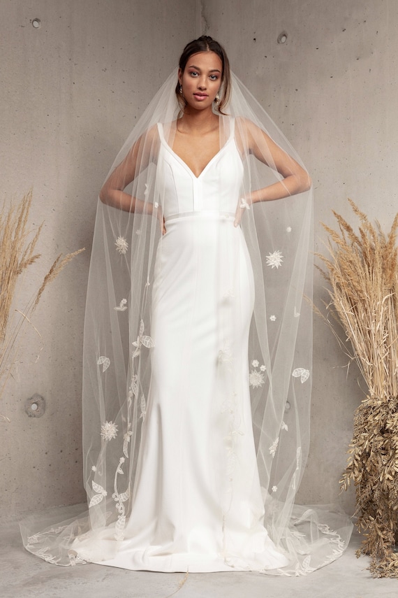 Twigs & Honey Cathedral Train Veil, Bridal Floral Veil - Floral Embroidered Bridal Train Veil, Cathedral - Style #2367