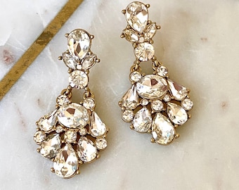 Art Deco Bridal Earring Gold Crystal Chandelier Statement Earrings Vintage Wedding Jewelry Cubic Zirconia Dangle Earrings for Bride EA0016GD
