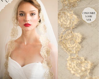 Gold Wedding Veil Champagne Mantilla Veil Chantilly Lace Veil Eyelash Lace Spanish Veil Vintage Bridal Veil Cathedral Scallop Lace, ISABELLA
