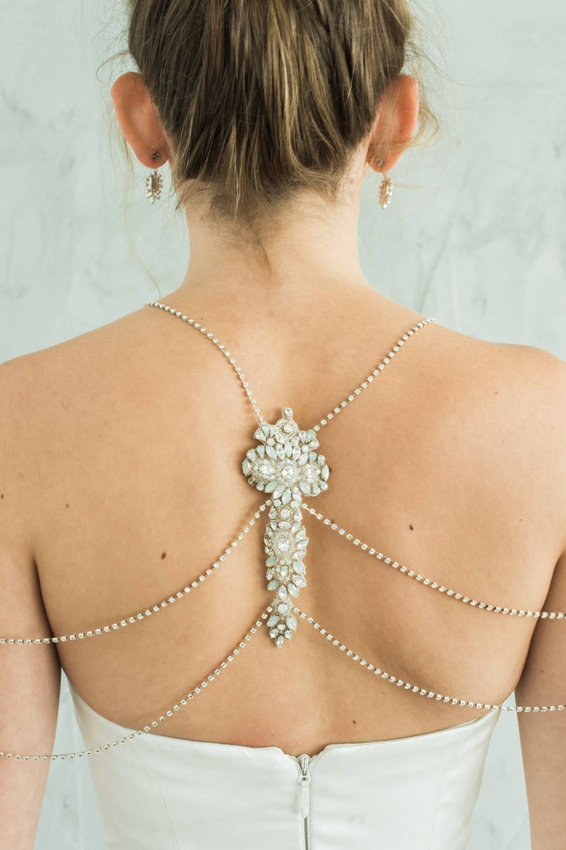 Wedding Shoulder Jewelry Silver Bridal Shoulder Necklace Opal Crystal Back Necklace Rhinestone Chain Body Jewelry for Boho Bride, SIMONE BACK NECKLACE by Camilla Christine Bridal Accessories and Wedding Jewelry