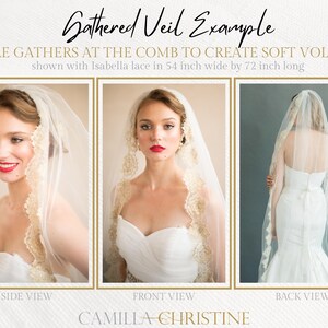 Standard gathered Lace Veil – Chantilly Lace Wedding Veil with soft gathering at the comb for added volume and a poufy effect. Made with delicate French lace for a timeless, romantic look. This bespoke heirloom veil is custom-designed for brides seeking elegance and sophistication. Perfect bridal accessory by Camilla Christine to complement any wedding dress for a stunning wedding day look