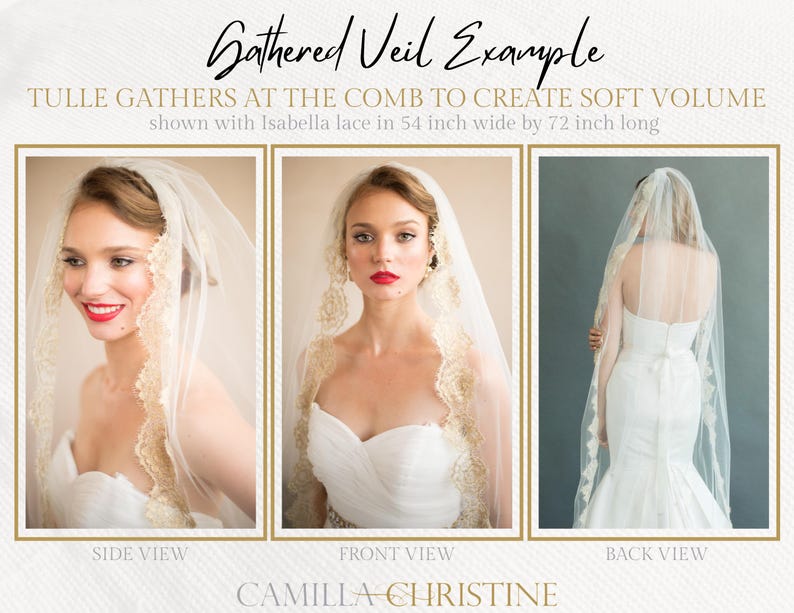 Standard gathered Lace Veil – Chantilly Lace Wedding Veil with soft gathering at the comb for added volume and a poufy effect. Made with delicate French lace for a timeless, romantic look. This bespoke heirloom veil is custom-designed for brides seeking elegance and sophistication. Perfect bridal accessory by Camilla Christine to complement any wedding dress for a stunning wedding day look
