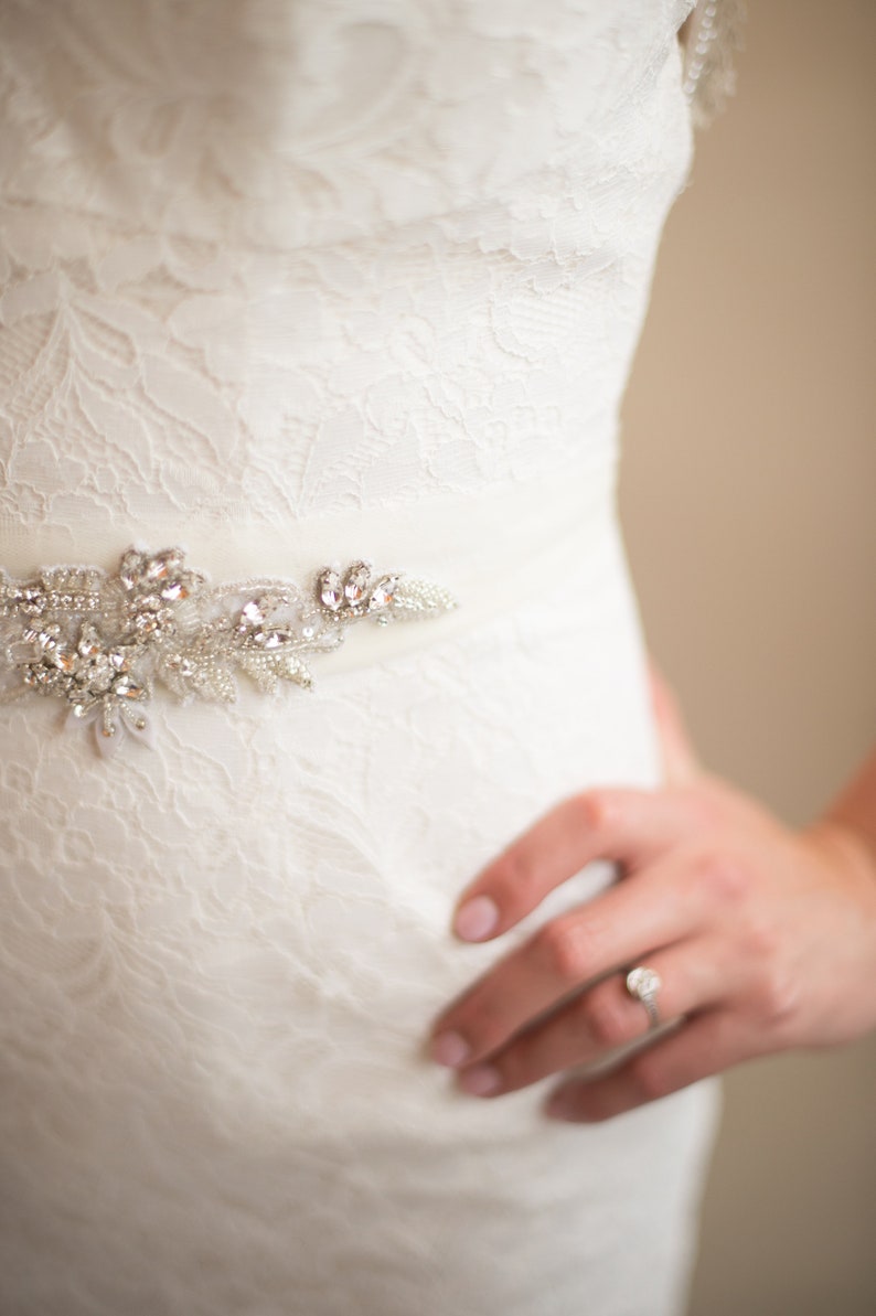 VICTORIA IVORY Wedding Belt Bridal Sash Organza Flower Crystal Beaded Applique Rhinestone Leaf Vintage Jeweled Vine Boho Delicate Tulle Trim image 4