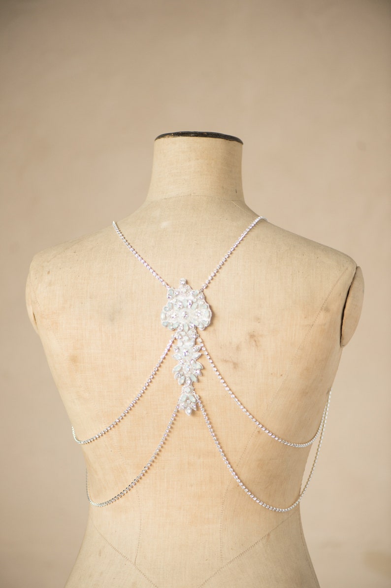 Wedding Shoulder Jewelry Silver Bridal Shoulder Necklace Opal Crystal Back Necklace Rhinestone Chain Body Jewelry for Boho Bride, SIMONE BACK NECKLACE by Camilla Christine Bridal Accessories and Wedding Jewelry