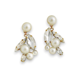 Vintage Earrings Art Deco Dangle Earrings Gold Pearl & Crystal Cluster Earrings Jeweled Bridal Earrings Rhinestone Wedding Earrings, ODETTE