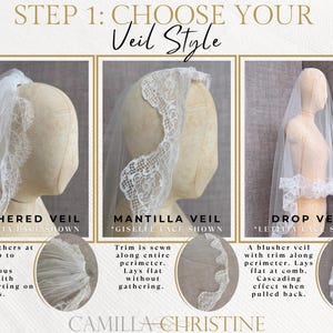 Veil Style Guide – Wedding Veil Style Chart for Brides. Includes Standard Gathered Veil with gathering at the comb for a voluminous effect, Mantilla Veil with lace trim that lays flat at the comb and frames the face for a traditional look, and Drop Veil with a soft blusher that can be pulled back, similar to Kate Middleton’s veil. Learn what a drop veil, mantilla veil, and gathered veil are. Custom French Chantilly Lace Veils available from Camilla Christine Bridal Accessories Shop.
