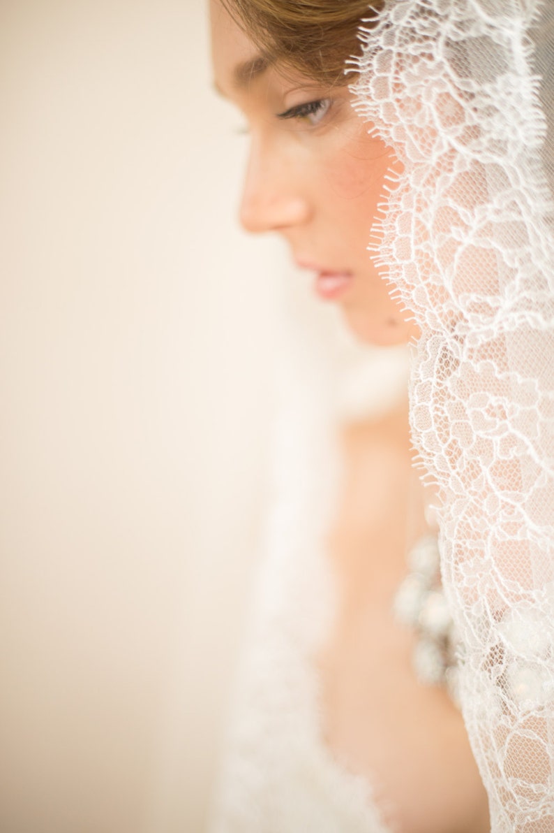 French Chantilly Lace by the Yard Fabric Swatch for Bridal Veil Off White Eyelash Edge Lace Delicate Scallop Lace Trim, LETITIA LACE by Camilla Christine Wedding Accessories