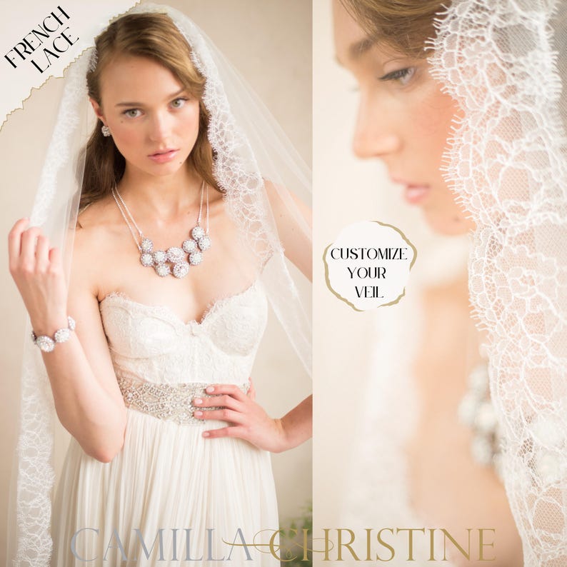 Chantilly Lace Veil Mantilla Wedding Veil Eyelash Lace Trim Bridal Veil Cathedral Scallop Lace Edge Spanish Church Veil French Lace, LETITIA VEIL by Camilla Christine Wedding Veils