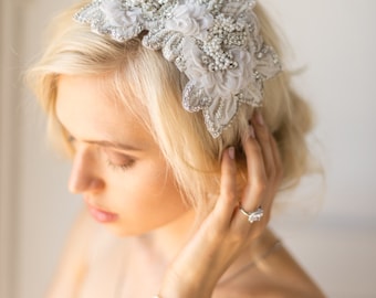 Floral Fascinator Bridal Headpiece Art Deco Hair Piece Wedding Hair Comb Crystal Beaded Applique Vintage Flower Birdcage Veil 1920s, HARLOW