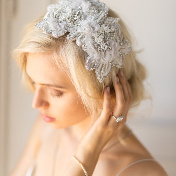 Floral Fascinator Bridal Headpiece Art Deco Hair Piece Wedding Hair Comb Crystal Beaded Applique Vintage Flower Birdcage Veil 1920s, HARLOW