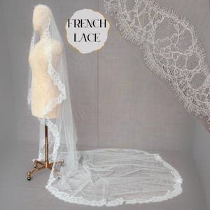 Lace Mantilla Veil Chantilly Lace Wedding Veil Eyelash Lace Edge Veil Scalloped Lace Trim Veil Cathedral length French Lace Mantilla LETITIA