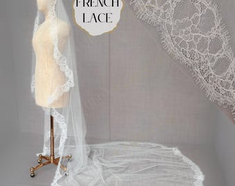 Lace Mantilla Veil Chantilly Lace Wedding Veil Eyelash Lace Edge Veil Scalloped Lace Trim Veil Cathedral length French Lace Mantilla LETITIA