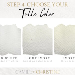Tulle Color Chart – Bridal Illusion Tulle Color Guide for Wedding Veils. Features Silk White, Light Ivory, and True Ivory to help brides find the perfect match for their wedding dress. Made in the USA from 100% nylon, this premium tulle is the best choice for holding the shape of a veil while maintaining a sheer, delicate look. Ideal for custom veils by Camilla Christine. A must-have reference for brides, wedding planners, and bridal stylists selecting high-quality wedding veil tulle