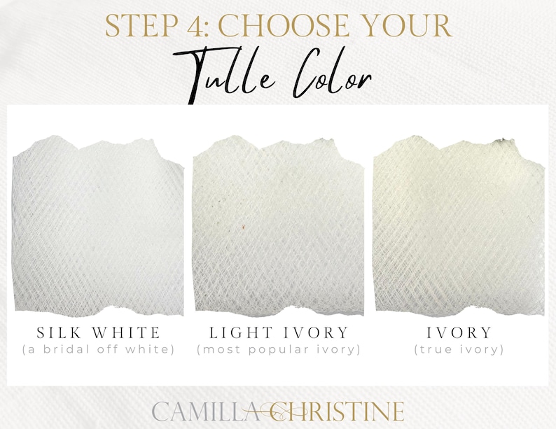 Tulle Color Chart – Bridal Illusion Tulle Color Guide for Wedding Veils. Features Silk White, Light Ivory, and True Ivory to help brides find the perfect match for their wedding dress. Made in the USA from 100% nylon, this premium tulle is the best choice for holding the shape of a veil while maintaining a sheer, delicate look. Ideal for custom veils by Camilla Christine. A must-have reference for brides, wedding planners, and bridal stylists selecting high-quality wedding veil tulle