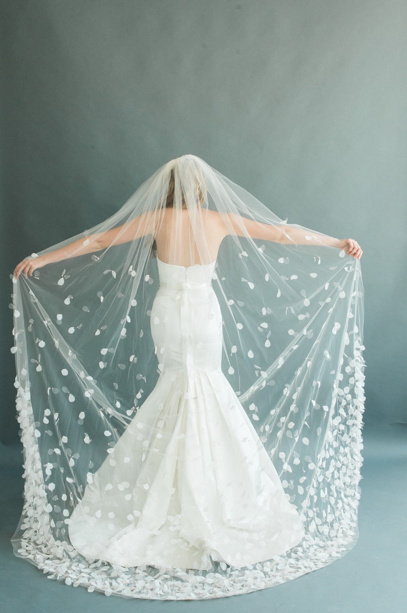 Petal Veil Wedding Cathedral Veil Floral Beaded 3D Flower Bridal Veil Hand Made Rose Embellished Custom Length Boho Wildflower Veil, PETAL VEIL by Camilla Christine Bridal Accessories Wedding Jewelry Bridal Style Inspiration Trends for Bride