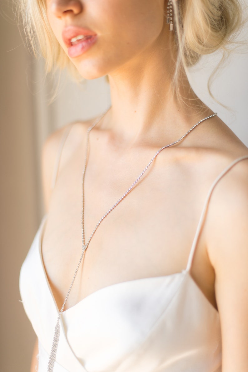 Bridal Back Necklace for Open Back Wedding Dress Silver Crystal Back Drop Necklace Long Delicate Rhinestone Backless Dress Necklace, ROXANNE NECKLACE by Camilla Christine Bridal Accessories Wedding Jewelry Bridal Style Inspiration Trends for Bride