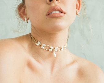 BRIENNE NECKLACE- GOLD, Bridal Pearl Choker Crystal Teardrop Pendant Dainty Dangle Drop Romantic Boho Beaded Chain Wedding Jewelry