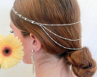 Bridal Halo Art Deco Headband Wedding Boho Headpiece Delicate Chain Wreath Rhinestone Crown Drape Back Hair Piece Dainty Hair Jewelry, DUSTY