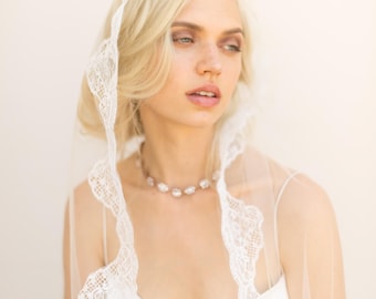 Chantilly Lace Mantilla Wedding Veil Scallop Lace Trim Long Veil French Lace Chapel Veil Spanish Lace Circular Drape Cathedral Veil, GISELLE
