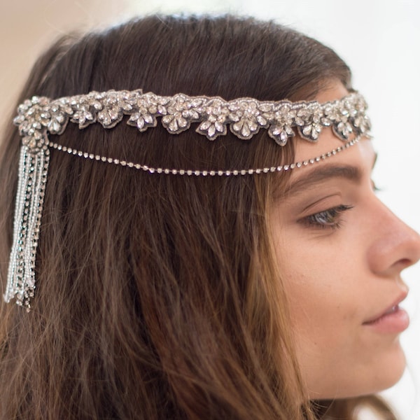 DAVINIA HEADPIECE- SILVER, Bridal Halo Wedding Tiara, Silver Gunmetal Vintage Art Deco Gatsby Delicate Crystal Beaded Fringe Swag Boho Crown