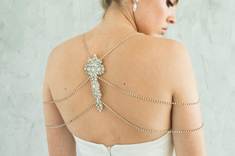 Wedding Shoulder Jewelry Silver Bridal Shoulder Necklace Opal Crystal Back Necklace Rhinestone Chain Body Jewelry for Boho Bride, SIMONE BACK NECKLACE by Camilla Christine Bridal Accessories and Wedding Jewelry