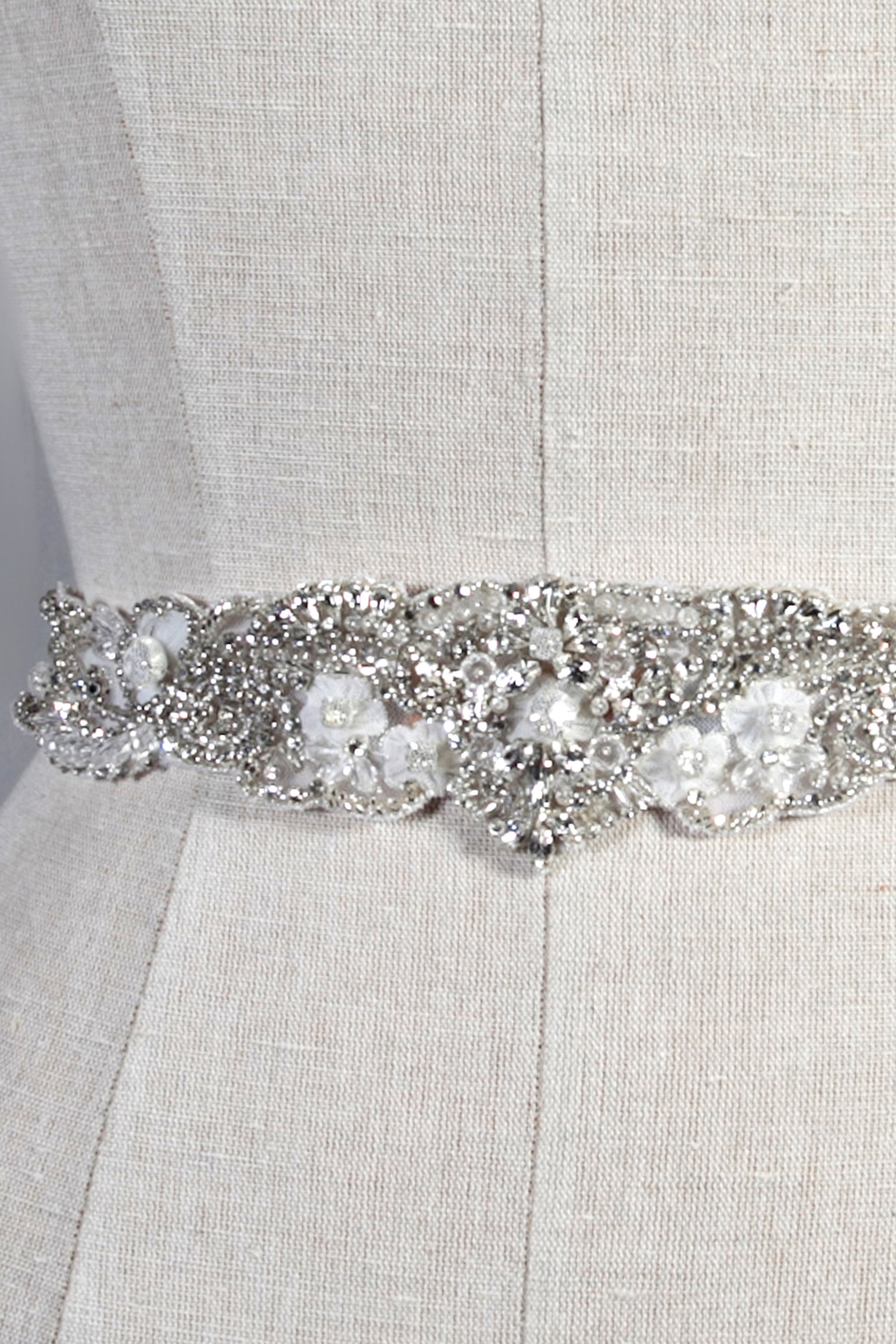 CARA Wedding Belt- Silver, Bridal Sash Crystal Cluster 