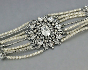 Multistrand Pearl and Crystal Bracelet Art Deco Wedding Cuff Bracelet Jeweled Rhinestone Brooch Bracelet Vintage Wedding Jewelry, LORELY