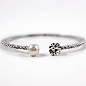 Pearl Bracelet Rhinestone Bridal Arm Cuff Diamond Bangle Crystal Wedding Bracelet Dainty Silver Bracelet Simple Boho Bridesmaid Gift, INES