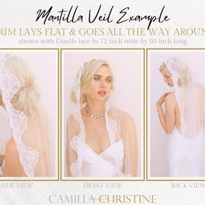 Mantilla Lace Veil – Exquisite Chantilly Lace Mantilla Wedding Veil with delicate French lace trim. Showcasing side and back views of floor-length veils, this custom lace wedding veil offers a timeless, heirloom-quality design. A bespoke bridal accessory by Camilla Christine, perfect for adding elegance to any wedding dress. Ideal for classic, vintage, or romantic wedding day looks