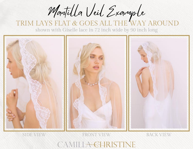 Mantilla Lace Veil – Exquisite Chantilly Lace Mantilla Wedding Veil with delicate French lace trim. Showcasing side and back views of floor-length veils, this custom lace wedding veil offers a timeless, heirloom-quality design. A bespoke bridal accessory by Camilla Christine, perfect for adding elegance to any wedding dress. Ideal for classic, vintage, or romantic wedding day looks