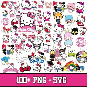 Może przedstawiać: Kolekcja cyfrowych ilustracji przedstawiających Hello Kitty i różne postacie Sanrio w różnorodnych pozach, strojach i akcesoriach, w tym kokardki, kwiaty i motywy urodzinowe, z tekstem Hello Kitty, Sanrio oraz Happy Birthday.