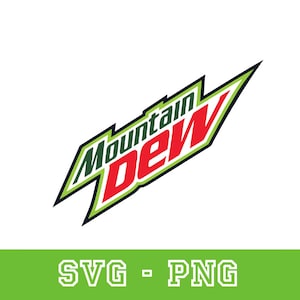 以下が含まれることがあります： Mountain Dewのロゴは、濃い緑色の文字で書かれたMountainという単語と、太い赤色の文字で書かれたDewという単語で構成されています。テキストは白い背景の上に配置され、濃い緑色とライムグリーンの縁取りが施されたギザギザの角張った形状の中に収められています。