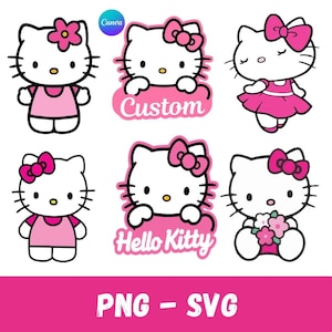 Może przedstawiać: Kolekcja sześciu ilustracji białego kota z różowymi kokardkami, sukienkami i kwiatami. Dwa wzory zawierają tekst Custom oraz Hello Kitty. Grafiki są prezentowane w formacie cyfrowym z etykietami PNG i SVG widocznymi na dole obrazu.