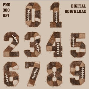 May include: A digital set of numbers zero through nine featuring a brown patchwork texture with frayed edges and white stitched football lace details. The text PNG 300 DPI and DIGITAL DOWNLOAD is visible in the top corners of the image.