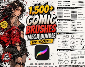 Bundel met meer dan 1500 stripboekpenselen voor Procreate | Manga, anime, inkt, raster, screentone, speed lines, actie-effecten, schaduw- en letterpenselen