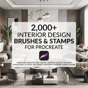 Op de afbeelding: Een digitale collectie van 2.000+ interieurontwerp penselen en stempels voor Procreate, met een centrale tekstoverlay en twee zijpanelen die diverse iconen van meubels, decor, architectuur en materialen in wit op zwart weergeven.