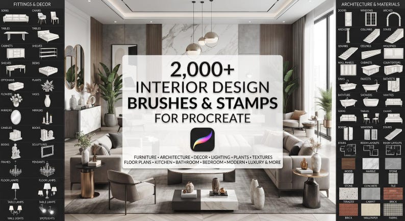 Op de afbeelding: Een digitale collectie van 2.000+ interieurontwerp penselen en stempels voor Procreate, met een centrale tekstoverlay en twee zijpanelen die diverse iconen van meubels, decor, architectuur en materialen in wit op zwart weergeven.