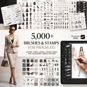 May include: A digital collection of 5,000+ brushes and stamps for Procreate, featuring categories like clothing, shoes, jewellery, makeup, poses, hair, accessories, fabrics, and patterns, displayed with a tablet interface and design examples.