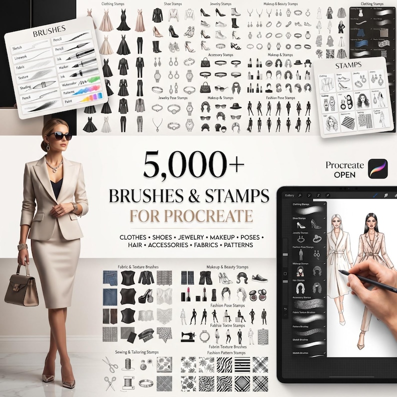 May include: A digital collection of 5,000+ brushes and stamps for Procreate, featuring categories like clothing, shoes, jewellery, makeup, poses, hair, accessories, fabrics, and patterns, displayed with a tablet interface and design examples.
