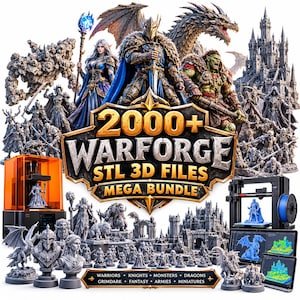 Può includere: Una collezione digitale di oltre 2000 file STL 3D Warforge, un mega pacchetto che include miniature fantasy, cavalieri, draghi, mostri e castelli, mostrati con stampanti 3D e schermi di computer con software di modellazione 3D.