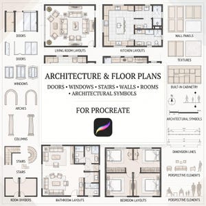 Op de afbeelding: Een digitale collectie van architectuur- en plattegronden voor Procreate, met zwart-witte lijntekeningen van deuren, ramen, bogen, kolommen, trappen, kamerindelingen, wandpanelen, texturen, kasten, symbolen en maatlijnen.