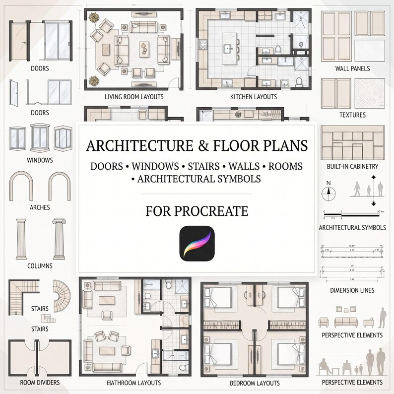 Op de afbeelding: Een digitale collectie van architectuur- en plattegronden voor Procreate, met zwart-witte lijntekeningen van deuren, ramen, bogen, kolommen, trappen, kamerindelingen, wandpanelen, texturen, kasten, symbolen en maatlijnen.