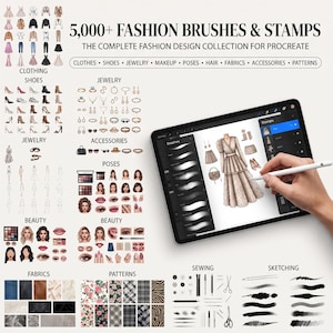 May include: A digital collection titled 5,000+ FASHION BRUSHES & STAMPS THE COMPLETE FASHION DESIGN COLLECTION FOR PROCREATE, featuring icons for clothing, shoes, jewellery, makeup, poses, hair, fabrics, accessories, and patterns on a tablet screen.