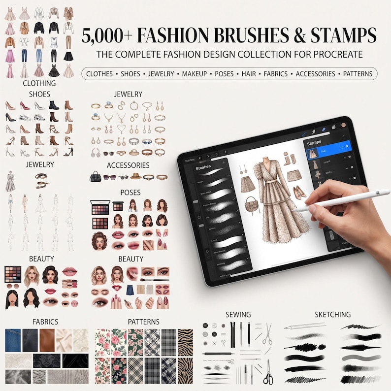May include: A digital collection titled 5,000+ FASHION BRUSHES & STAMPS THE COMPLETE FASHION DESIGN COLLECTION FOR PROCREATE, featuring icons for clothing, shoes, jewellery, makeup, poses, hair, fabrics, accessories, and patterns on a tablet screen.