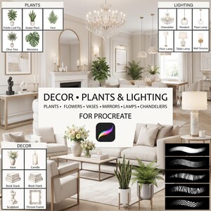 Op de afbeelding: Een digitaal assetpakket voor Procreate getiteld DECOR &bull; PLANTS & LIGHTING, met een verzameling interieurontwerpelementen waaronder kroonluchters, hanglampen, vloerlampen, tafellampen, wandlampen, diverse potplanten en decoratieve items.