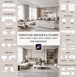 Op de afbeelding: Een digitale set meubelpenselen en stempels voor Procreate, met lijntekeningen van banken, bedden, tafels, stoelen, kasten en bureaus. De lay-out bevat interieurfoto's en tekstlabels voor verschillende meubelcategorie&euml;n.