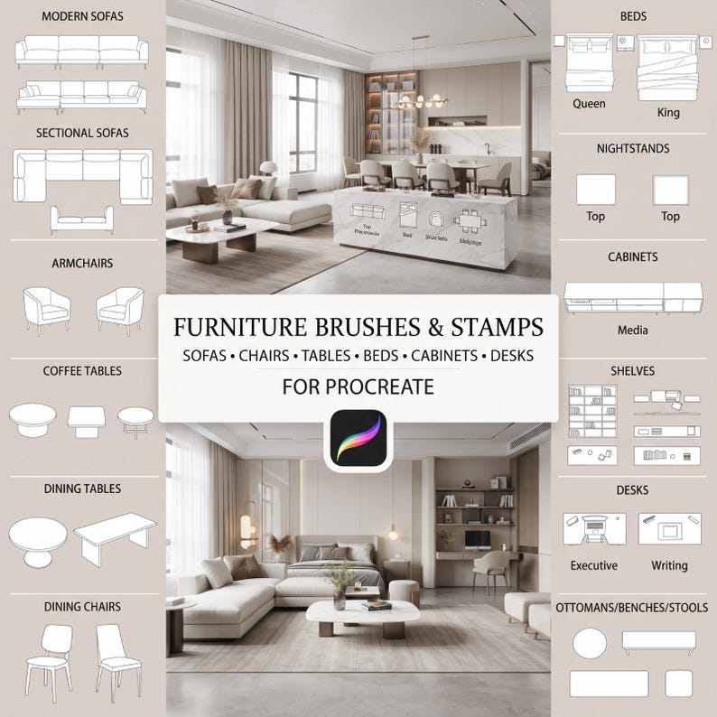 Op de afbeelding: Een digitale set meubelpenselen en stempels voor Procreate, met lijntekeningen van banken, bedden, tafels, stoelen, kasten en bureaus. De lay-out bevat interieurfoto's en tekstlabels voor verschillende meubelcategorie&euml;n.